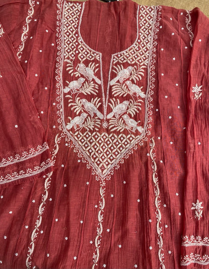 Rust Premium Chikankari Anarkali And Dupatta Set - Famous Chikankari