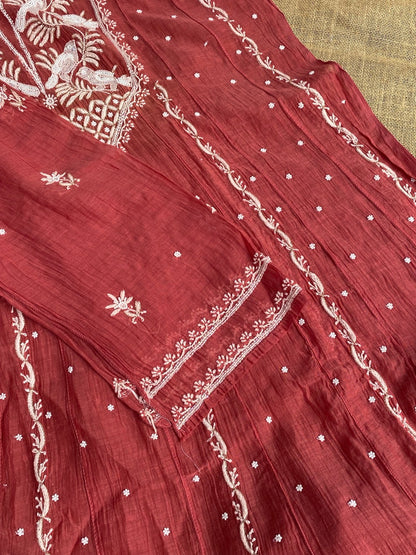 Rust Premium Chikankari Anarkali And Dupatta Set - Famous Chikankari