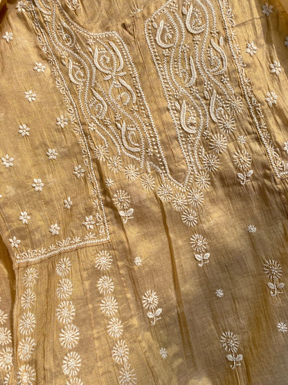 Tussar Gold Chikankari Tissue Gown With Dupatta - Famous Chikankari