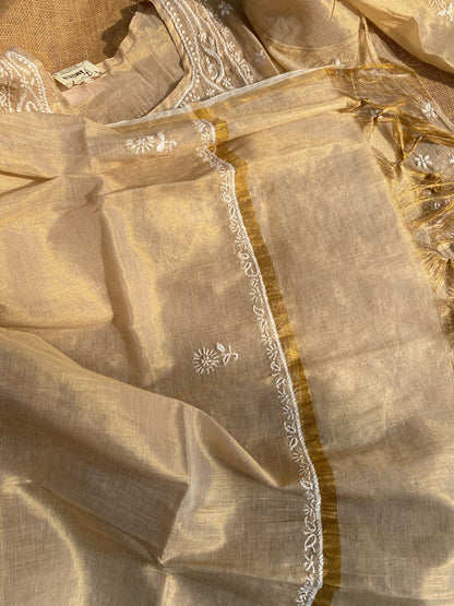 Tussar Gold Chikankari Tissue Gown With Dupatta - Famous Chikankari
