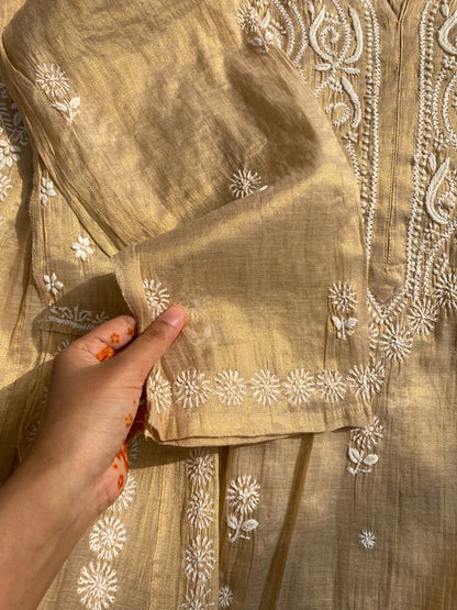 Tussar Gold Chikankari Tissue Gown With Dupatta - Famous Chikankari