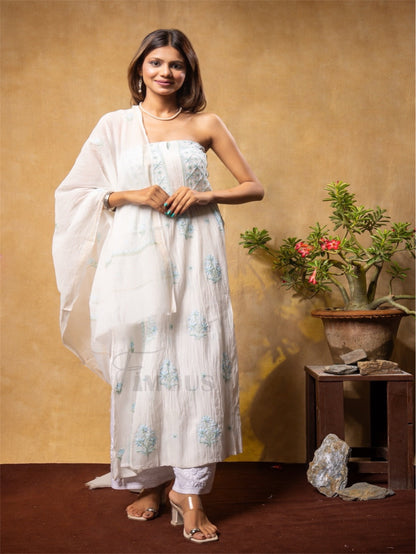 Off White Chikankari Semi-Stitched Gown With Dupatta - Famous Chikankari