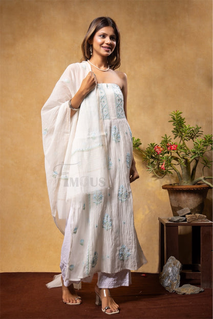 Off White Chikankari Semi-Stitched Gown With Dupatta - Famous Chikankari