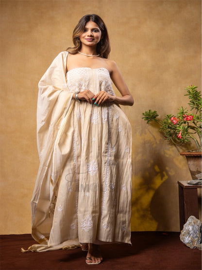 Tussar Chikankari and Mukaish Semi-Stitched Gown With Dupatta - Famous Chikankari