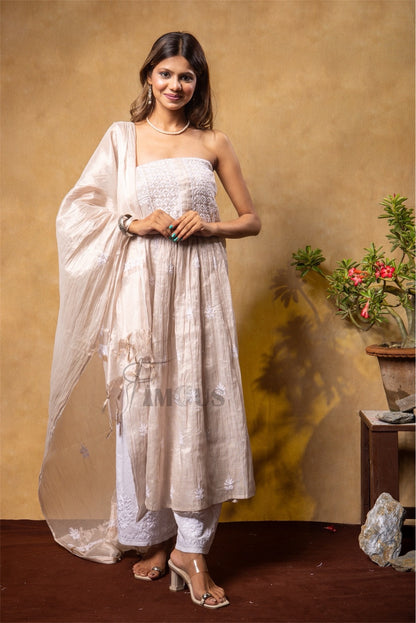 Rose Gold Chikankari Tissue Gown With Dupatta - Famous Chikankari