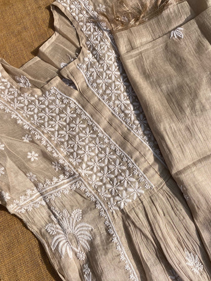 Rose Gold Chikankari Tissue Gown With Dupatta - Famous Chikankari
