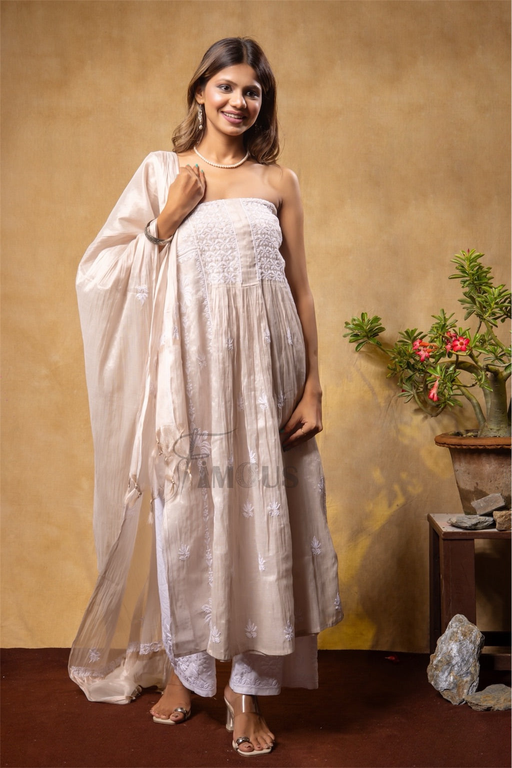Rose Gold Chikankari Tissue Gown With Dupatta