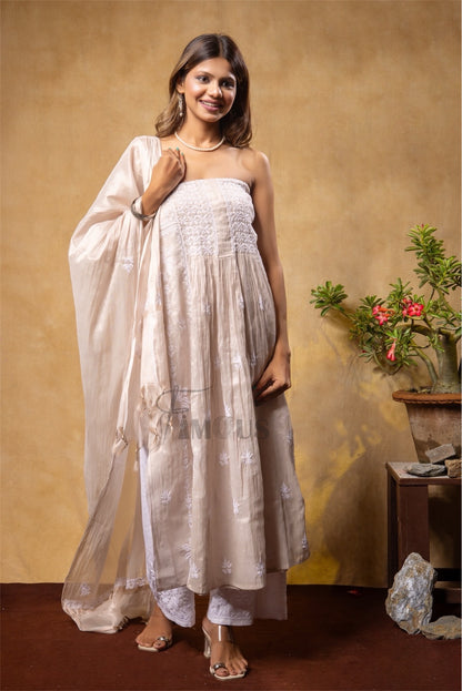 Rose Gold Chikankari Tissue Gown With Dupatta - Famous Chikankari