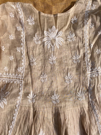 Rose Gold Chikankari Tissue Gown With Dupatta - Famous Chikankari