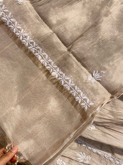 Rose Gold Chikankari Tissue Gown With Dupatta - Famous Chikankari