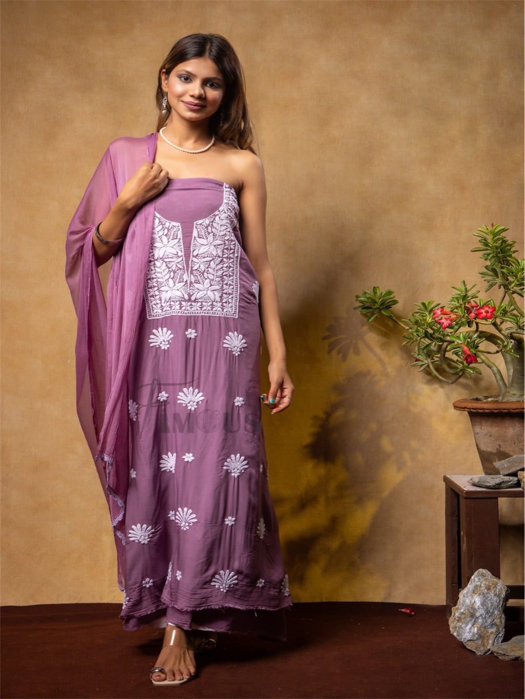 Wine Modal Chikankari Unstiched Dress Material.