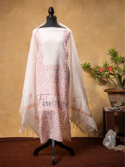 Off White Chikankari Jaalwork Mul Chanderi Unstiched Dress - Famous Chikankari