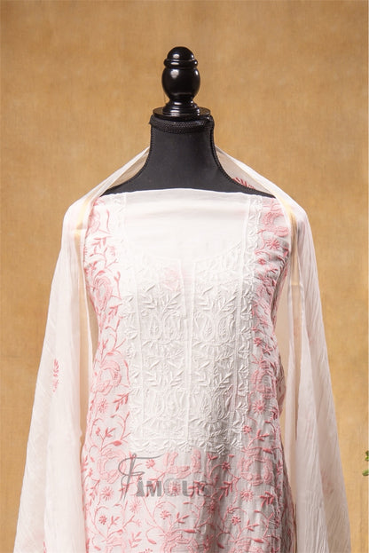 Off White Chikankari Jaalwork Mul Chanderi Unstiched Dress - Famous Chikankari