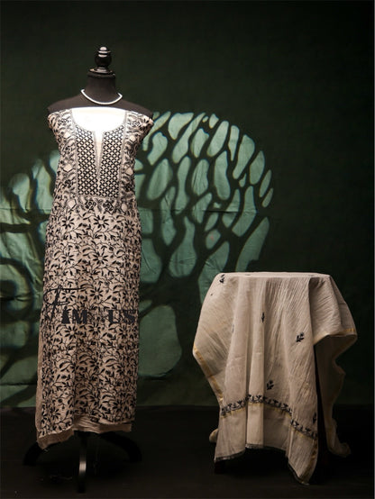 Off White Chikankari Black Jaalwork Mul Chanderi Unstiched Dress - Famous Chikankari