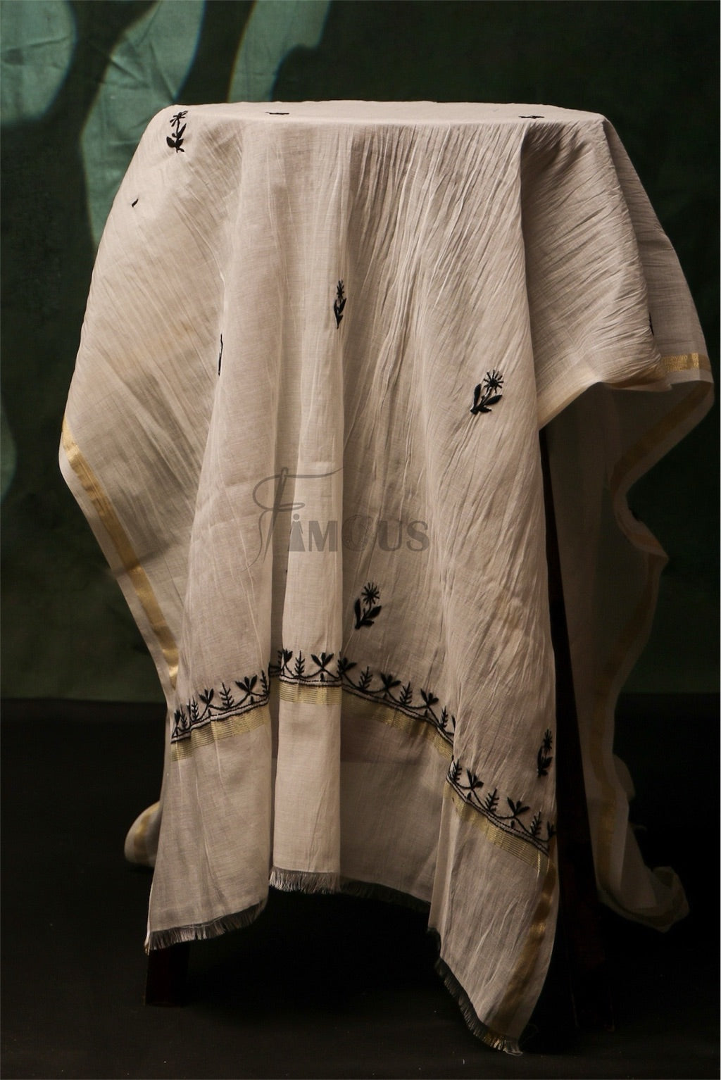 Off White Chikankari Black Jaalwork Mul Chanderi Unstiched Dress