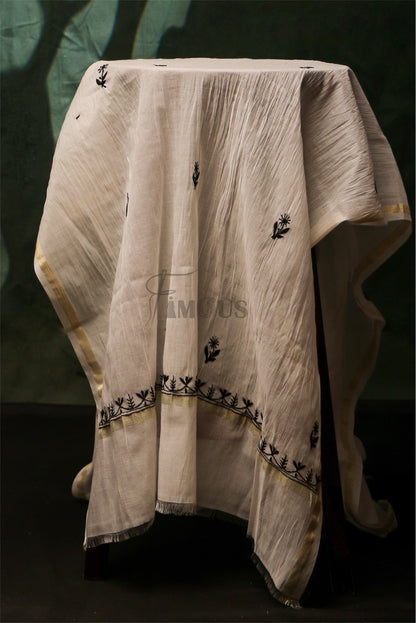 Off White Chikankari Black Jaalwork Mul Chanderi Unstiched Dress - Famous Chikankari