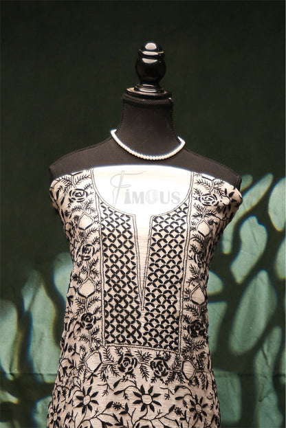 Off White Chikankari Black Jaalwork Mul Chanderi Unstiched Dress - Famous Chikankari