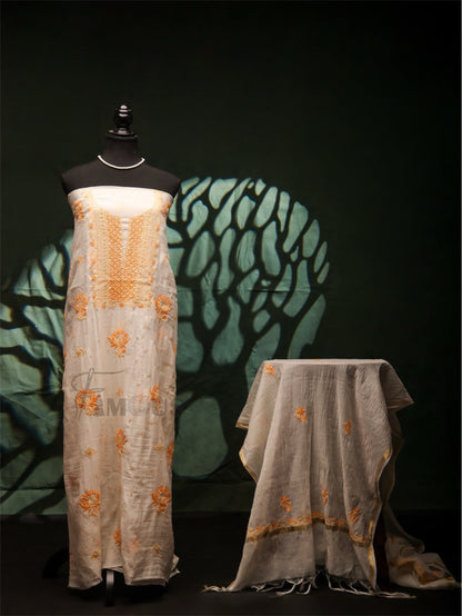 Creamy White Mul Chanderi Unstich Dress - Famous Chikankari