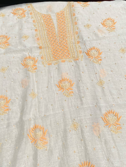 Creamy White Mul Chanderi Unstich Dress - Famous Chikankari