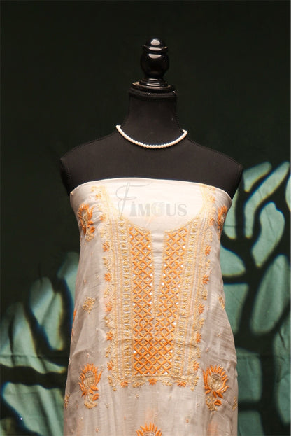 Creamy White Mul Chanderi Unstich Dress - Famous Chikankari