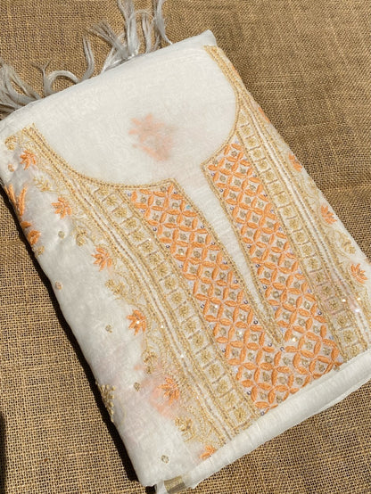 Creamy White Mul Chanderi Unstich Dress - Famous Chikankari