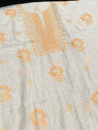 Creamy White Mul Chanderi Unstich Dress - Famous Chikankari