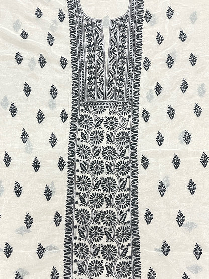 Premium Chikankari White/BlackOrganza Kurta Dupatta Set - Famous Chikankari