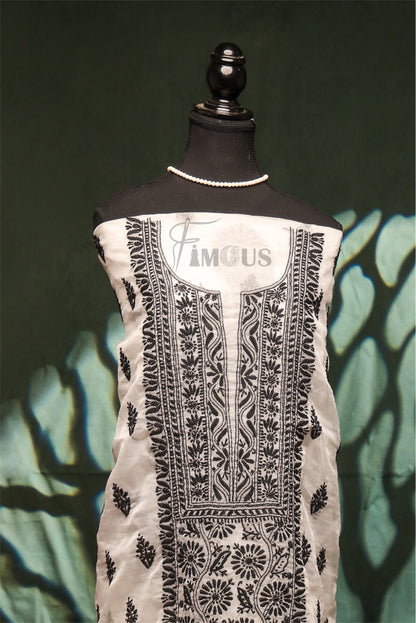Premium Chikankari White/BlackOrganza Kurta Dupatta Set - Famous Chikankari