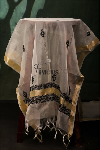 Premium Chikankari White/BlackOrganza Kurta Dupatta Set - Famous Chikankari