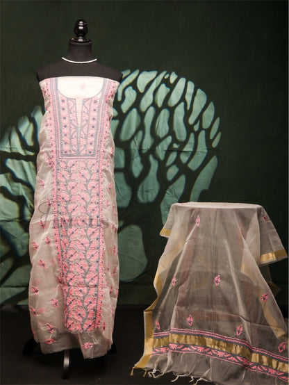 Premium Chikankari White And Pink Threads Kurta Dupatta Set - Famous Chikankari