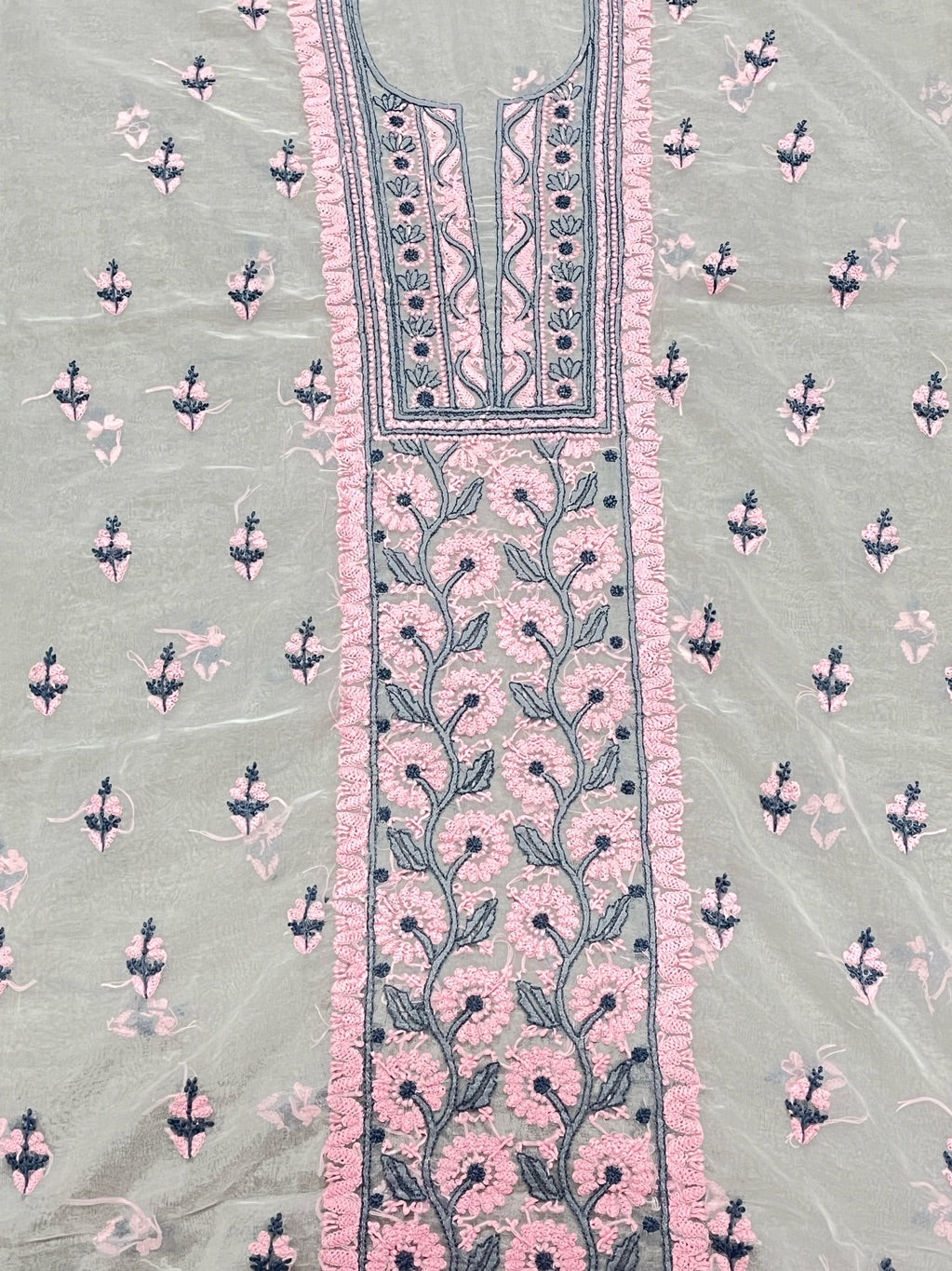 Premium Chikankari White And Pink Threads Kurta Dupatta Set