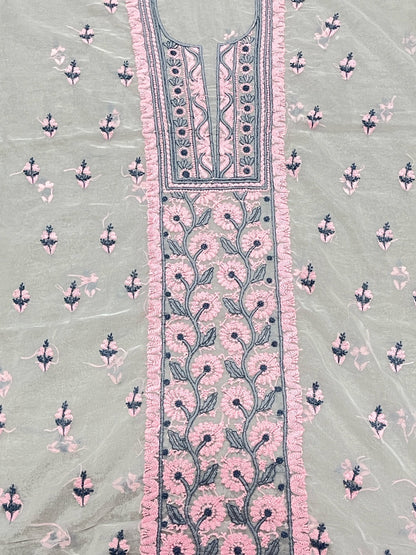 Premium Chikankari White And Pink Threads Kurta Dupatta Set - Famous Chikankari