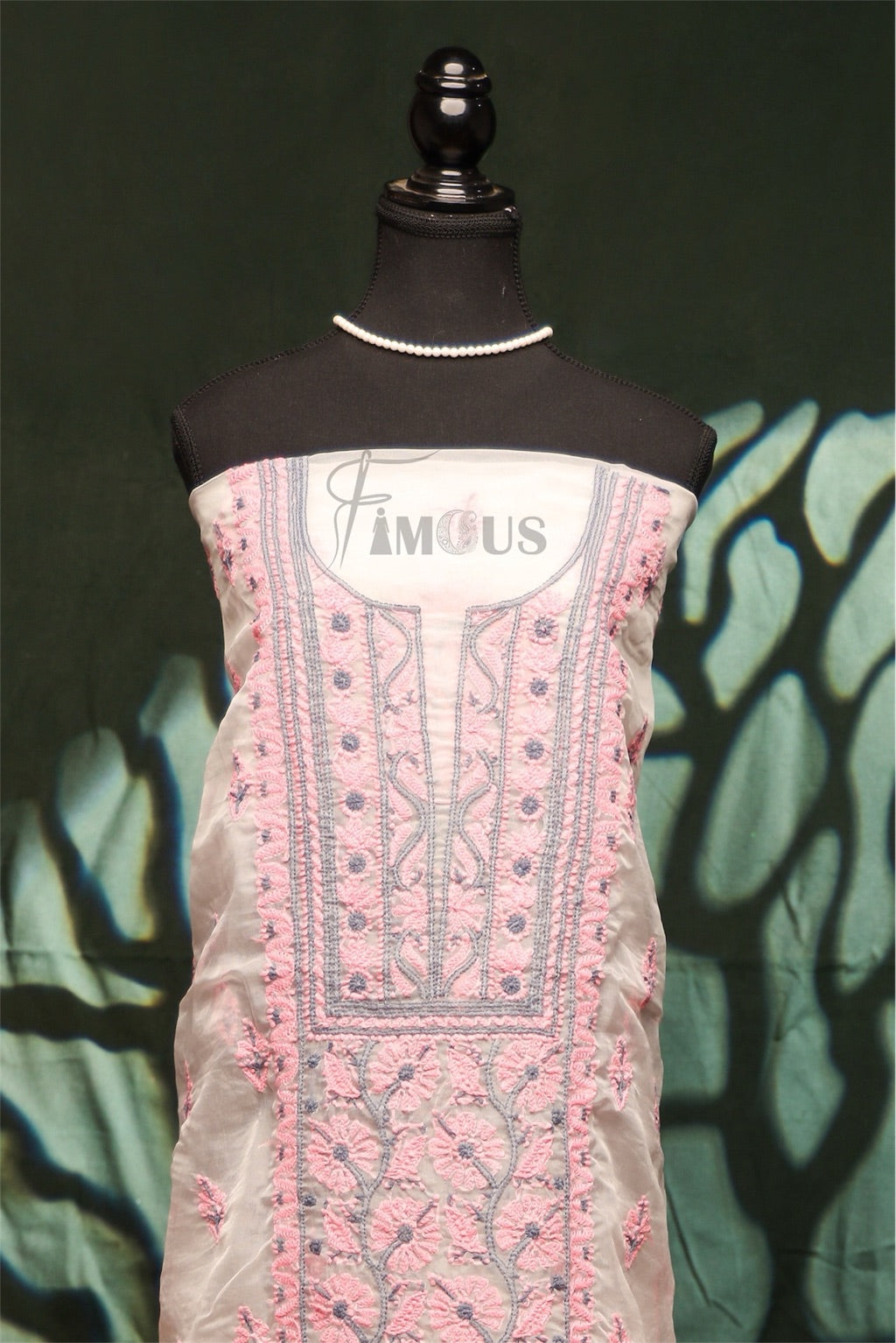 Premium Chikankari White And Pink Threads Kurta Dupatta Set