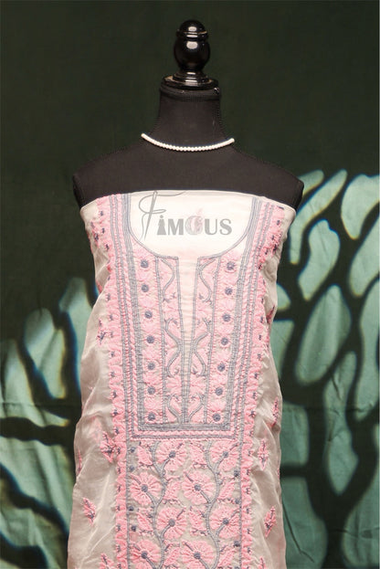 Premium Chikankari White And Pink Threads Kurta Dupatta Set - Famous Chikankari