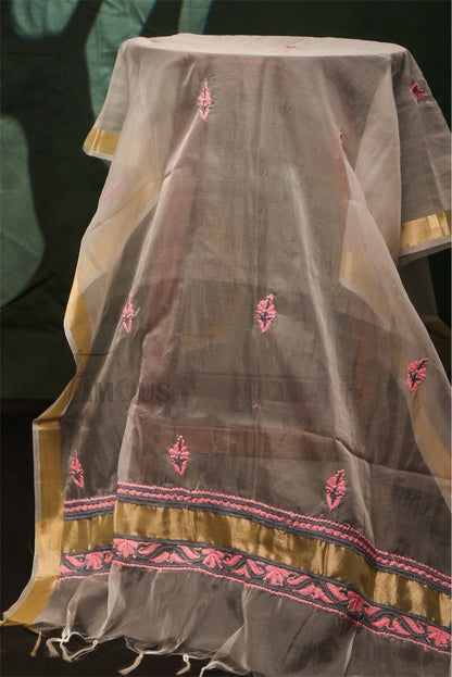 Premium Chikankari White And Pink Threads Kurta Dupatta Set - Famous Chikankari