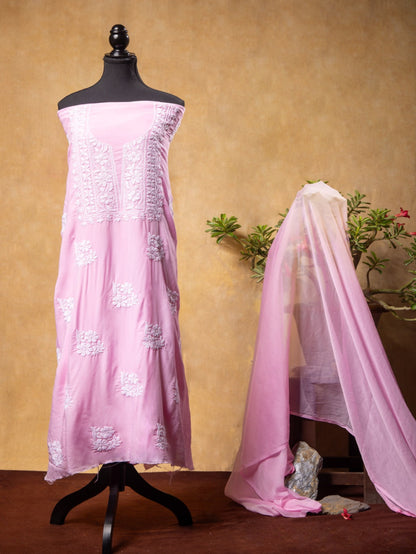 Pink Modal Chikankari Unstiched Dress Material - Famous Chikankari