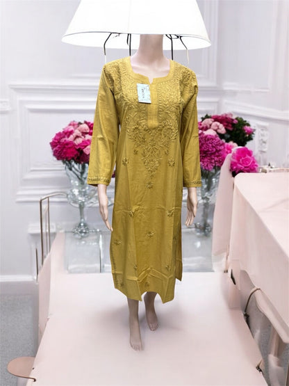 Mustard Chikankari Kurti in Soft Mul Cotton - Famous Chikankari