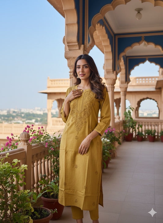 Mustard Chikankari Kurti in Soft Mul Cotton - Famous Chikankari
