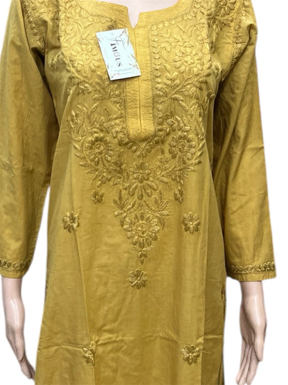 Mustard Chikankari Kurti in Soft Mul Cotton - Famous Chikankari