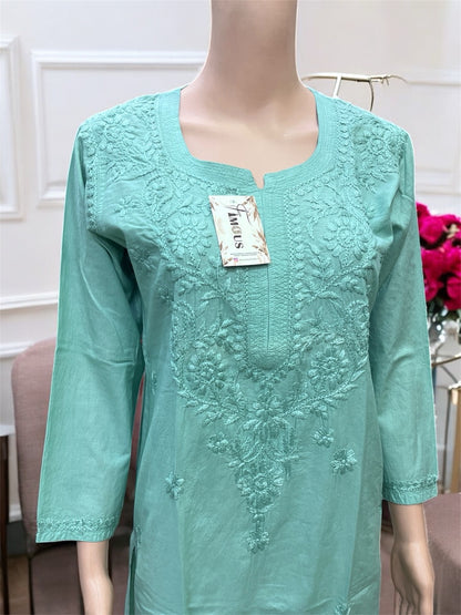 Mint Green Chikankari Kurti in Soft Mul Cotton - Famous Chikankari