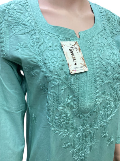 Mint Green Chikankari Kurti in Soft Mul Cotton - Famous Chikankari