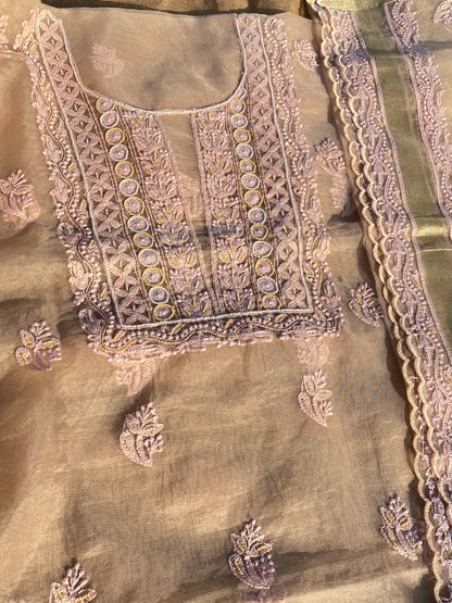 Karizma Premium Peach Chikankari Unstiched Dress - Famous Chikankari