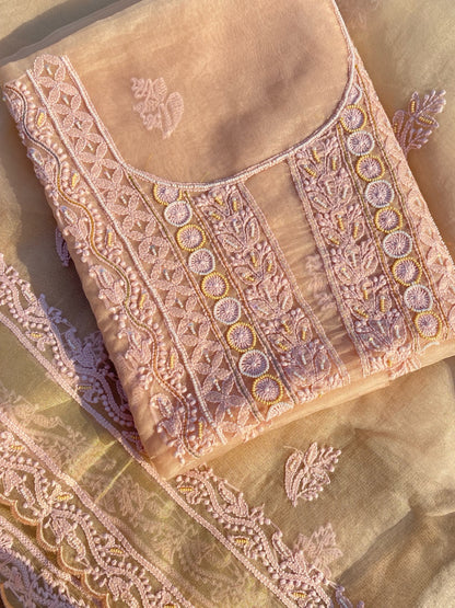 Karizma Premium Peach Chikankari Unstiched Dress - Famous Chikankari