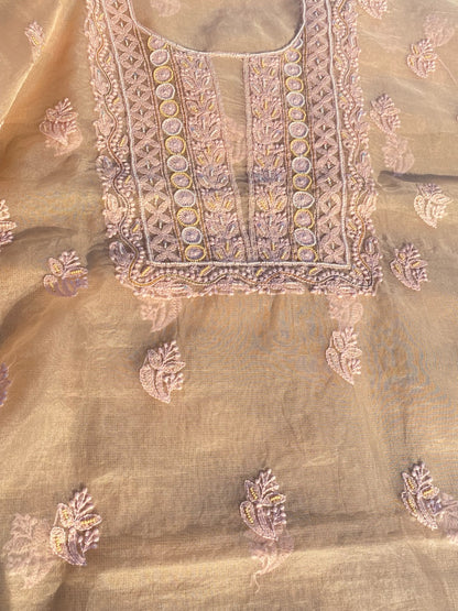 Karizma Premium Peach Chikankari Unstiched Dress - Famous Chikankari