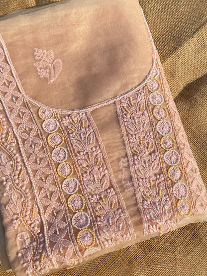 Karizma Premium Peach Chikankari Unstiched Dress - Famous Chikankari