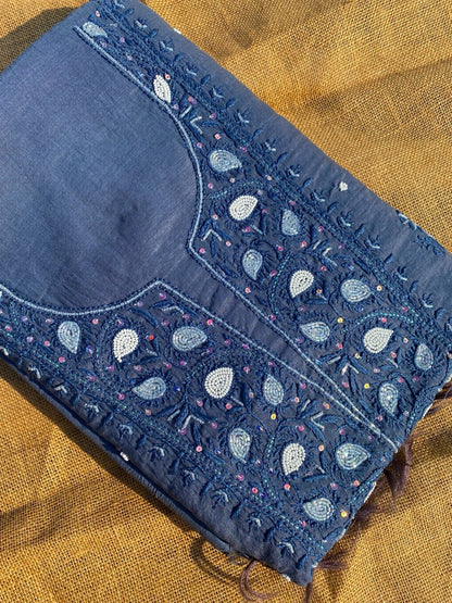 Slate Grey Chikankari Unstitched Kurta Dupatta Set - Famous Chikankari