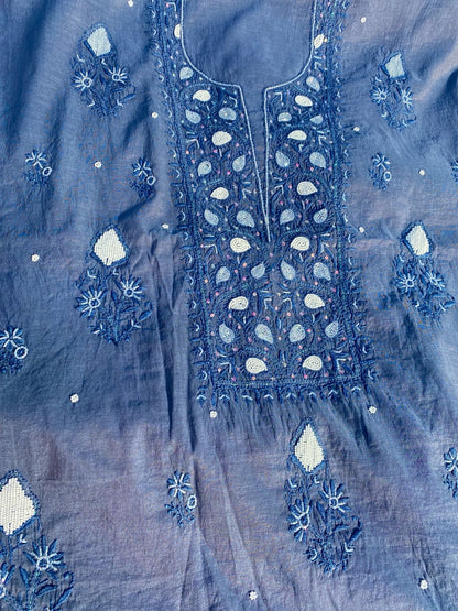 Slate Grey Chikankari Unstitched Kurta Dupatta Set - Famous Chikankari