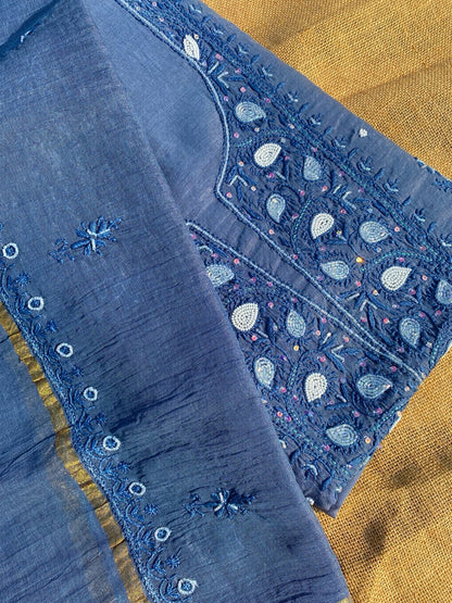 Slate Grey Chikankari Unstitched Kurta Dupatta Set - Famous Chikankari
