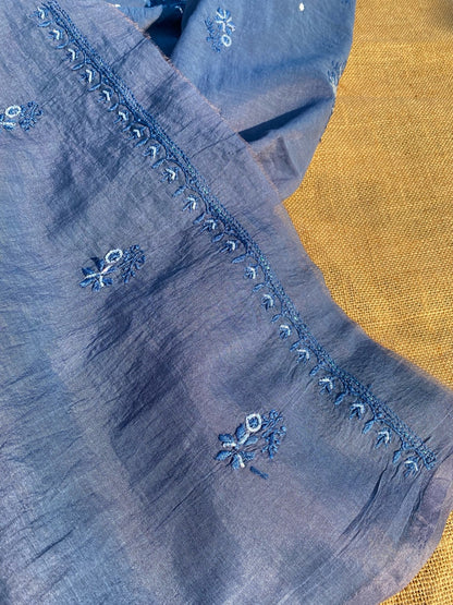 Slate Grey Chikankari Unstitched Kurta Dupatta Set - Famous Chikankari
