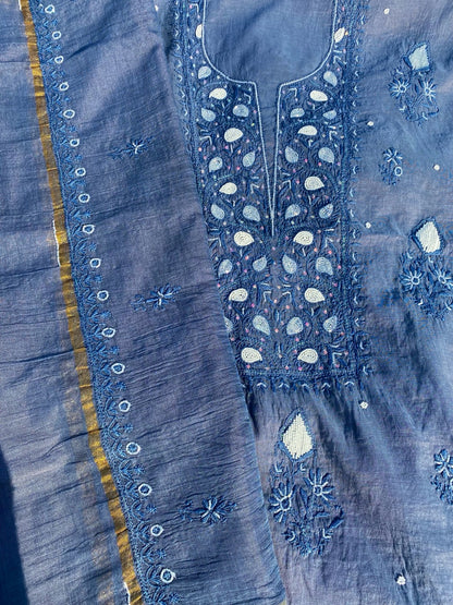 Slate Grey Chikankari Unstitched Kurta Dupatta Set - Famous Chikankari